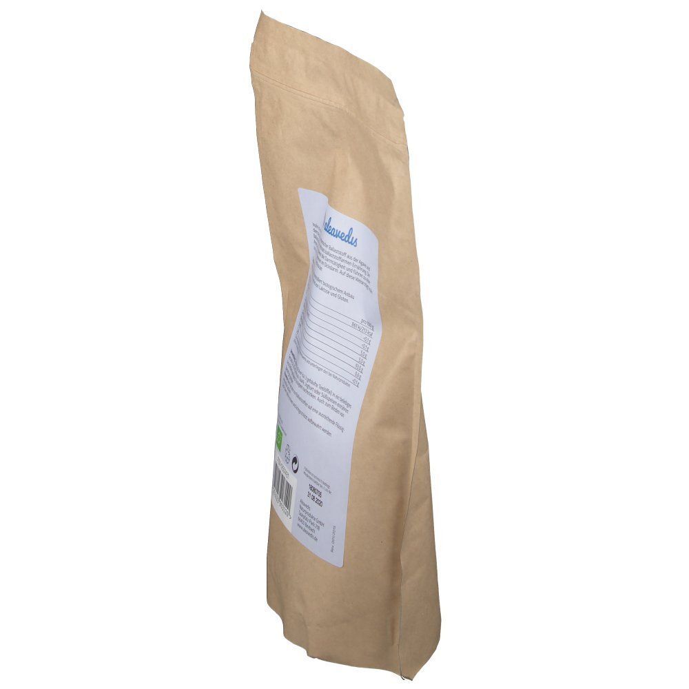 Sachet en papier brun, vue latérale. Étiquette blanche avec texte et informations nutritionnelles. Logo : aleavedis. Label bio, code-barres et date limite.