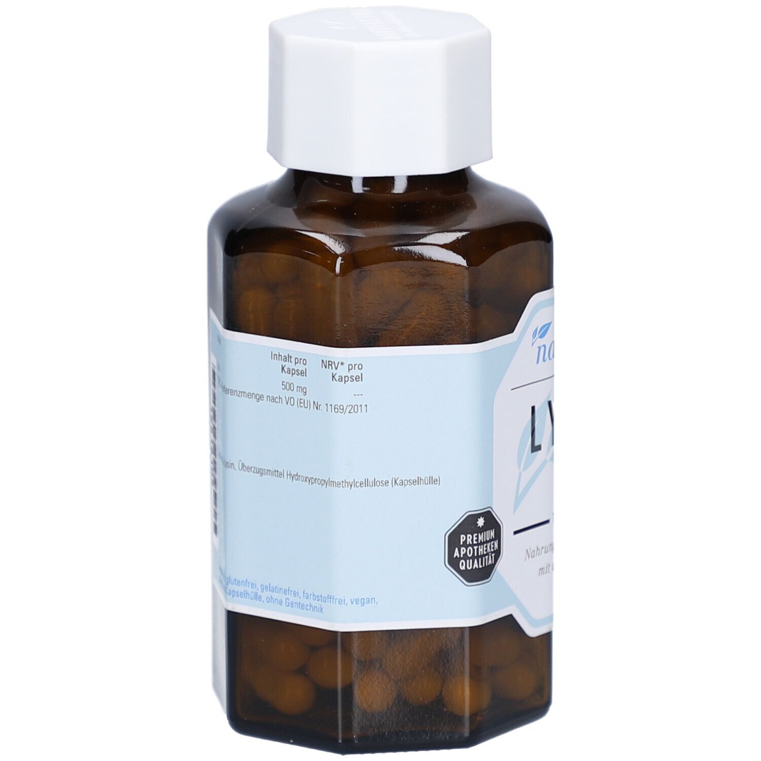 Flacon en verre brun avec bouchon blanc. Étiquette avec informations produit et label de qualité pharmacie.