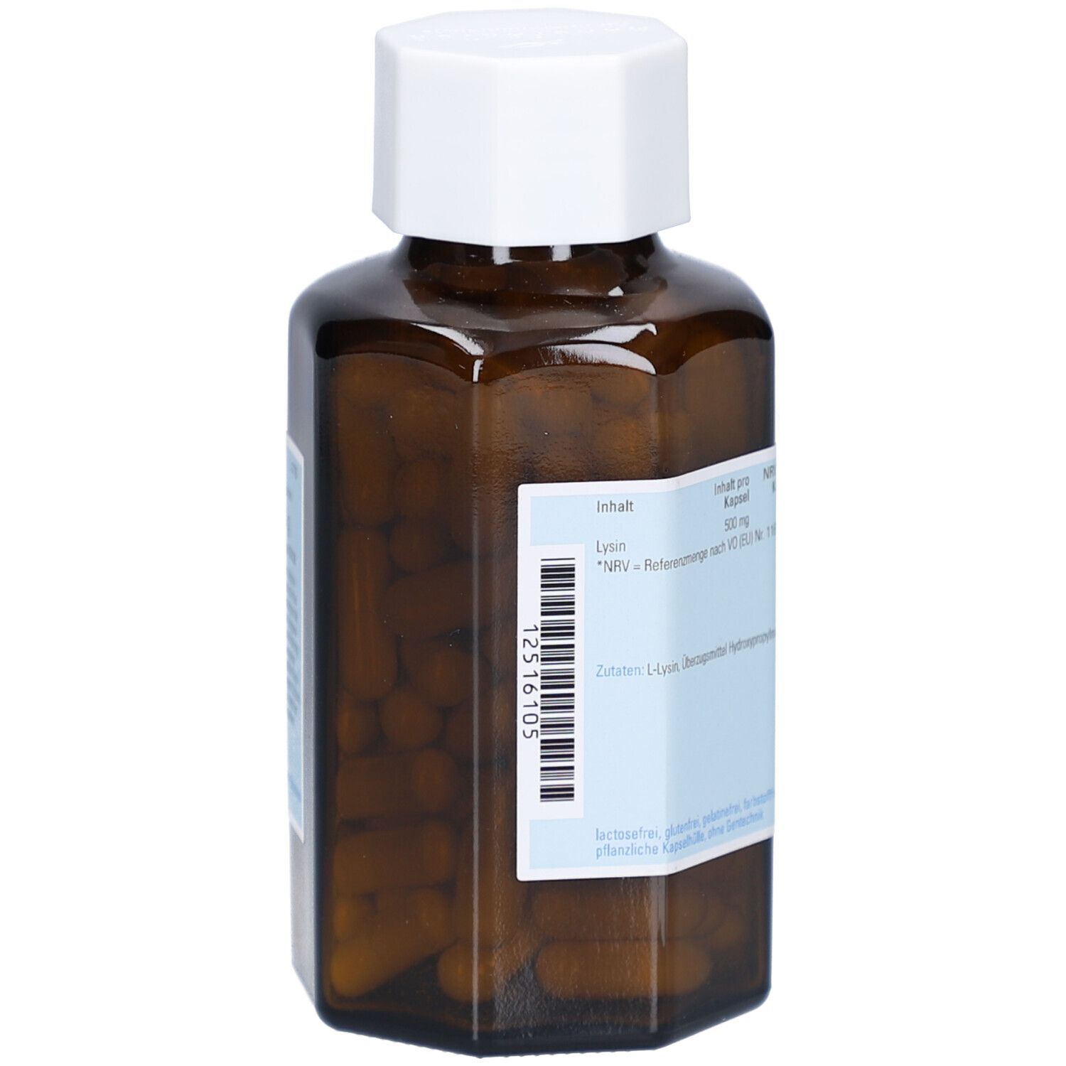 Flacon en verre brun avec bouchon blanc. Dos avec informations produit et code-barres.