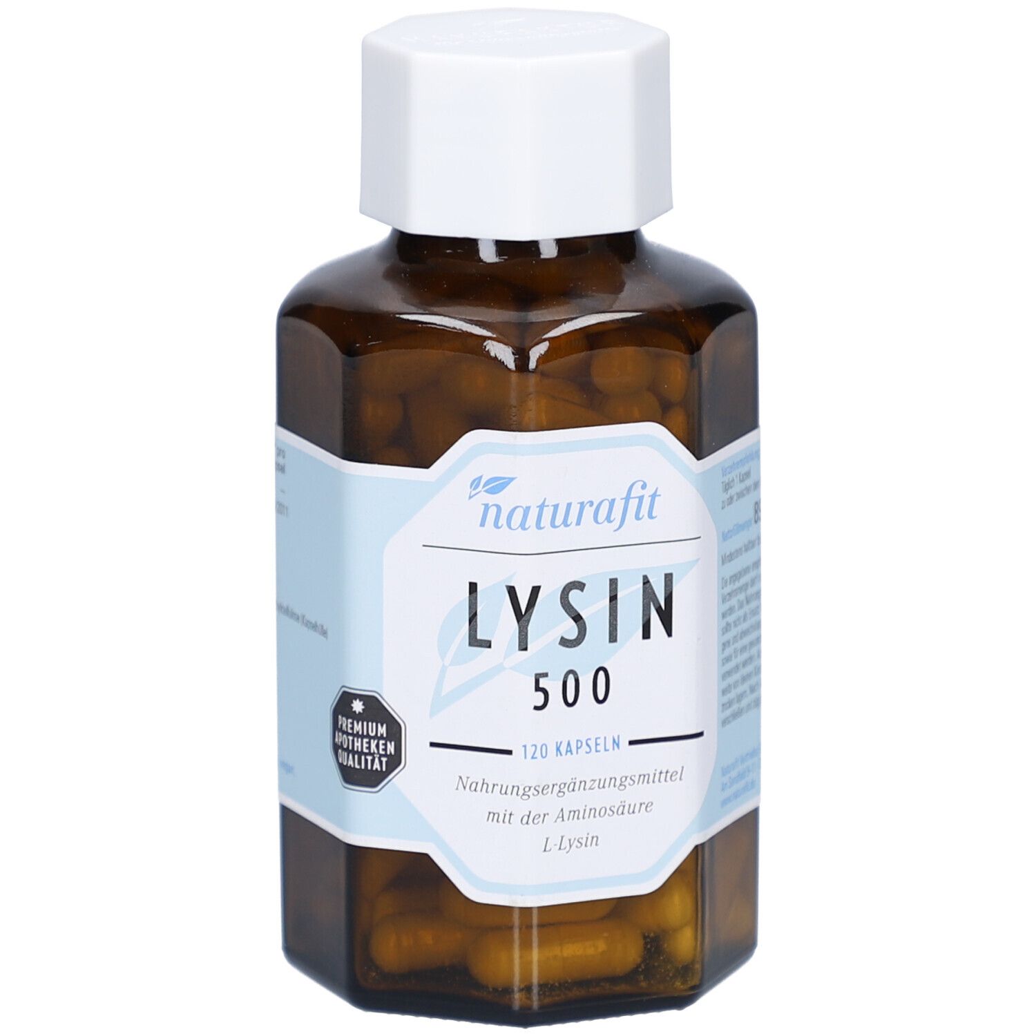 Flacon en verre brun avec bouchon blanc. Étiquette avec naturafit, LYSIN 500, 120 gélules. Complément alimentaire.