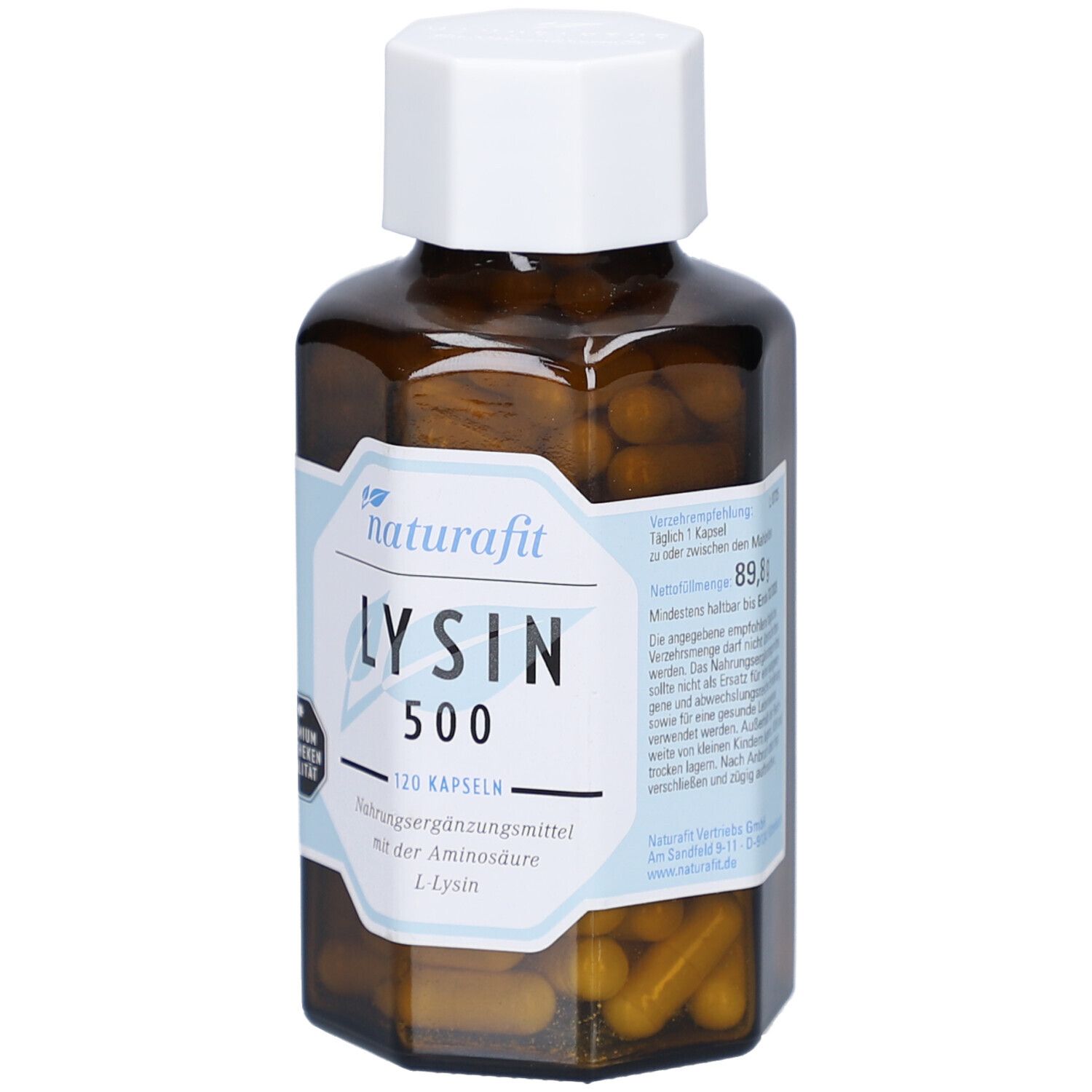 Flacon en verre brun avec bouchon blanc. Étiquette avec naturafit, LYSIN 500, 120 gélules. Complément alimentaire.