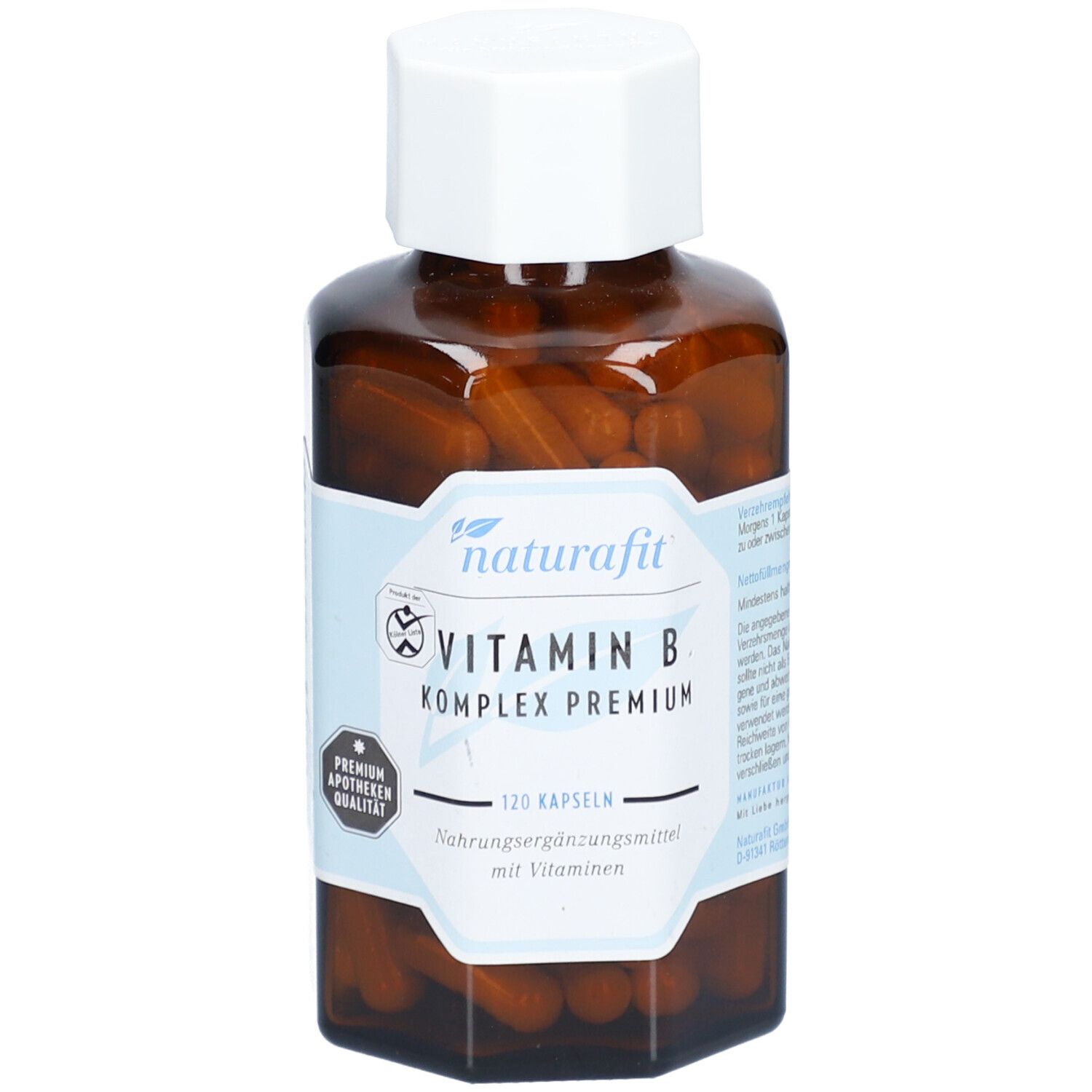 Flacon en verre brun avec bouchon blanc. Étiquette avec naturafit, Vitamin B Komplex Premium, 120 gélules. Qualité pharmacie.