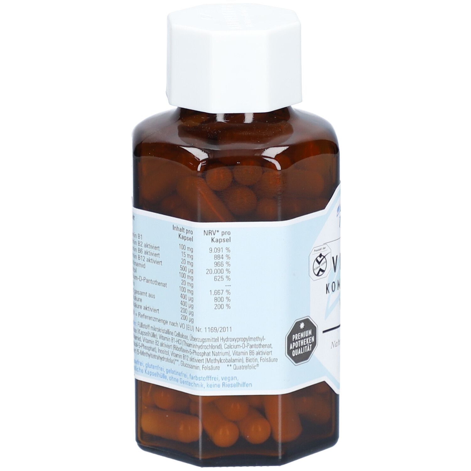 Dos du flacon en verre brun. Étiquette avec informations nutritionnelles par gélule. Contient Vitamine B1, B2, B6, B12, C, D-panthoténate, niacine, biotine.