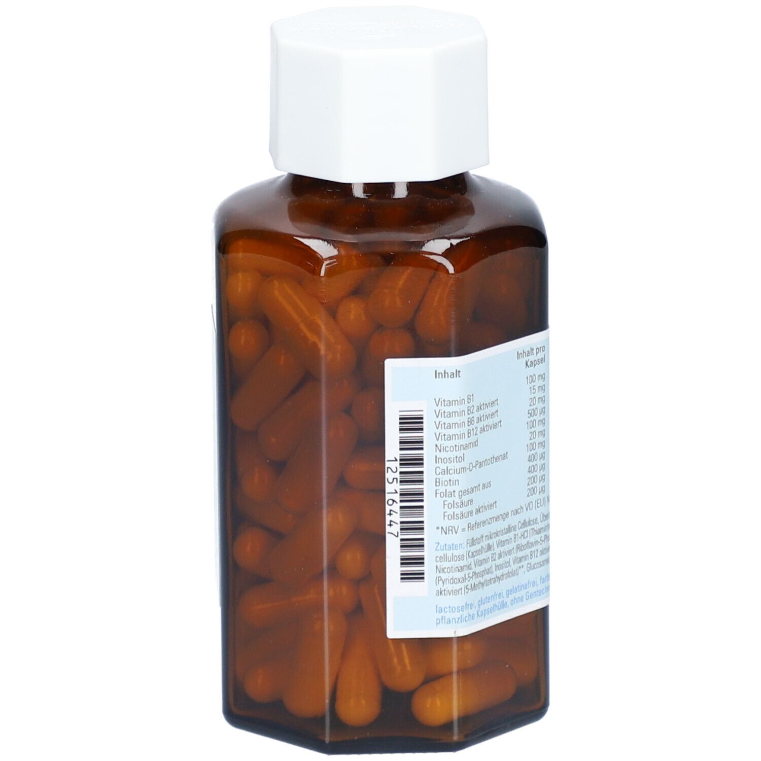 Flacon en verre brun avec bouchon blanc. Étiquette avec ingrédients et code-barres. Contient Vitamine B1, B2, B6, B12, C, D-panthoténate, niacine, biotine.