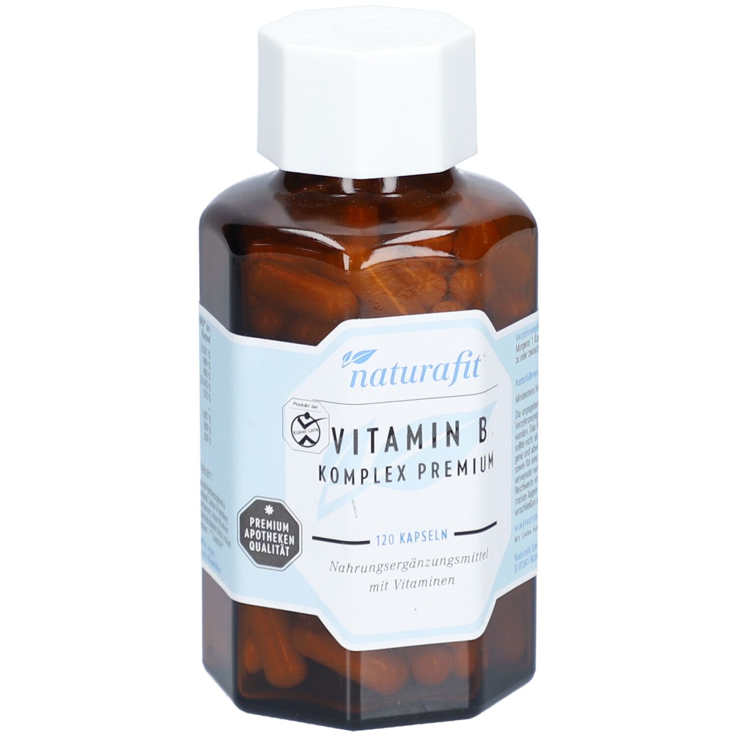 Flacon en verre brun avec bouchon blanc. Étiquette avec naturafit, Vitamin B Komplex Premium, 120 gélules. Qualité pharmacie.