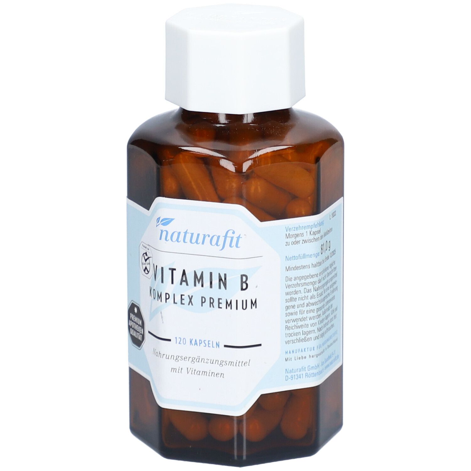 Flacon en verre brun avec bouchon blanc. Étiquette avec naturafit, Vitamin B Komplex Premium, 120 gélules. Qualité pharmacie.
