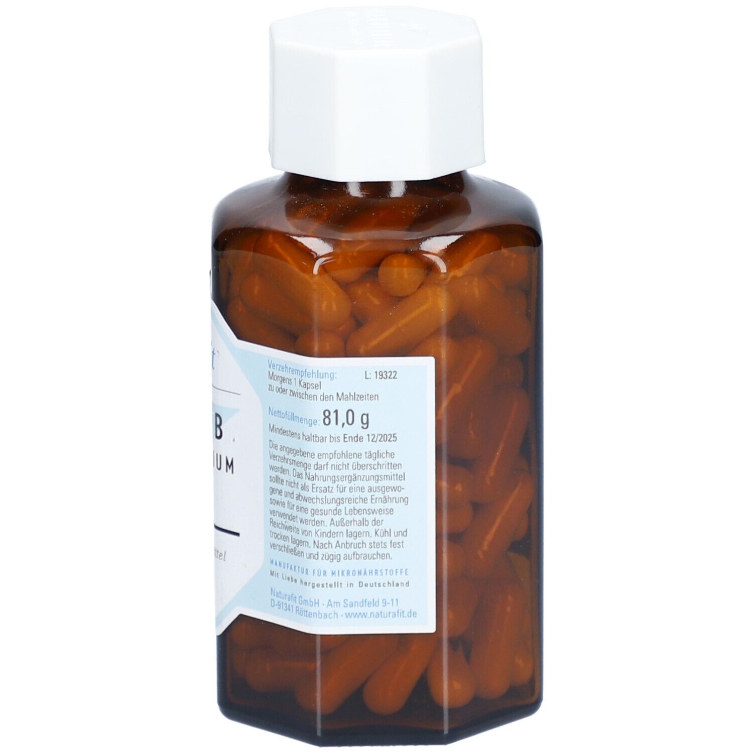 Flacon en verre brun avec bouchon blanc. Étiquette avec informations. Contient 81,0 g. A consommer de préférence avant 12/2025.