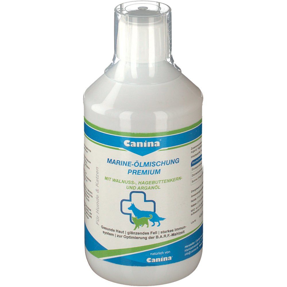 Weiße Flasche mit blau-grüner Banderole. Aufschrift: Canina Marine-Ölmischung Premium. Logo mit Hund und Katze.