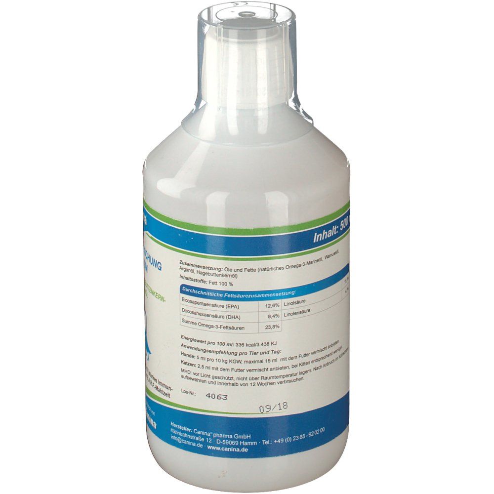 Rückseite der weißen Flasche. Enthält Informationen zu Inhaltsstoffen und Nährwerten. Aufschrift: Inhalt: 500 ml.