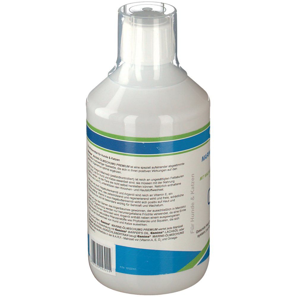 Rückseite der weißen Flasche. Textinformationen und Barcode. Aufschrift: Marine-Ölmischung Premium.