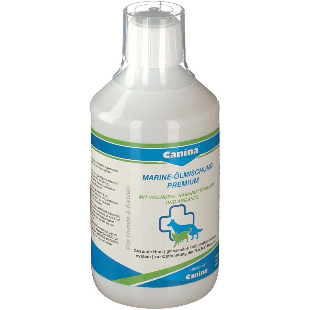 Weiße Flasche mit blau-grüner Banderole. Aufschrift: Canina Marine-Ölmischung Premium. Logo mit Hund und Katze.
