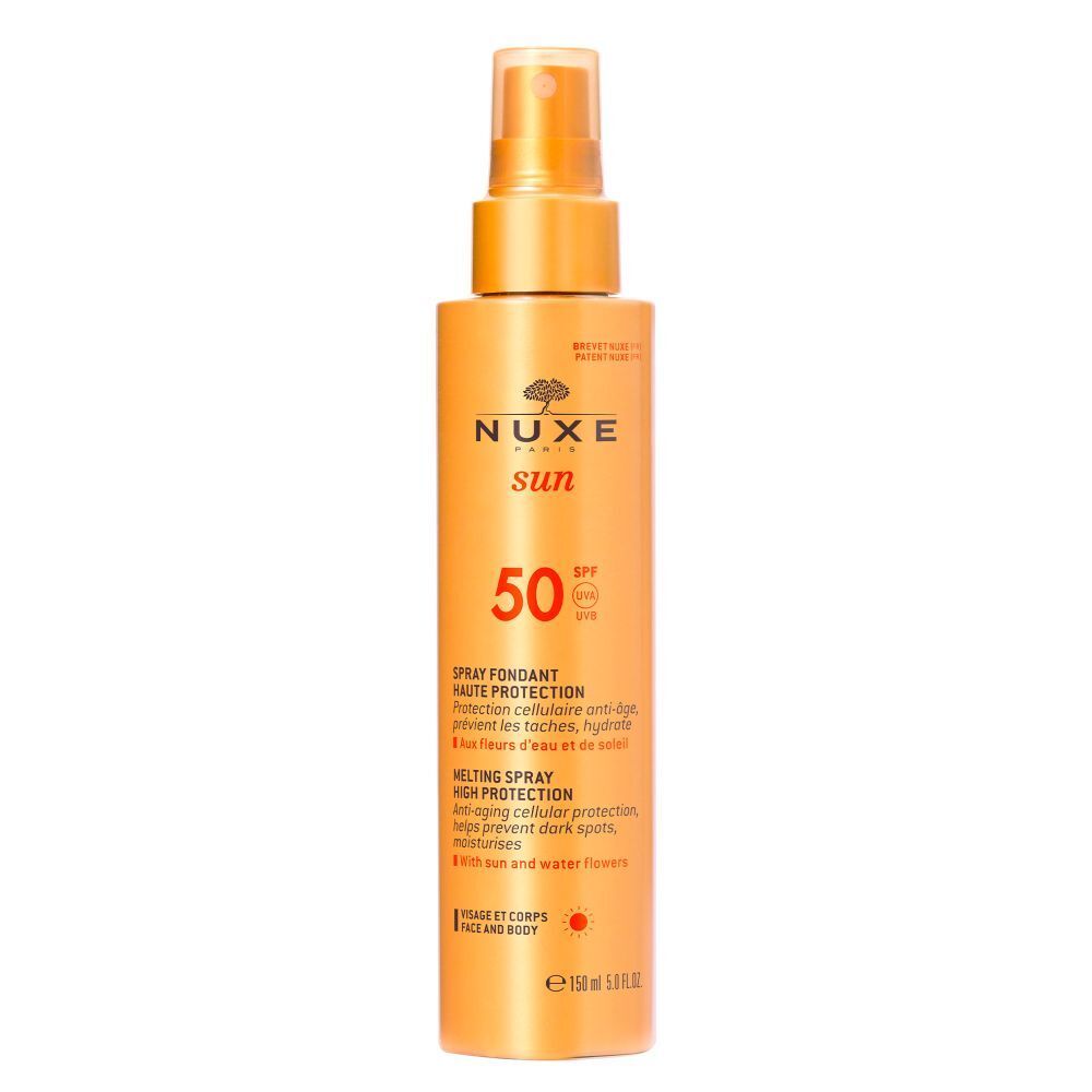Spray solaire LSF 50 NUXE Sun. Flacon doré avec vaporisateur. Texte: Spray Fondant Haute Protection.