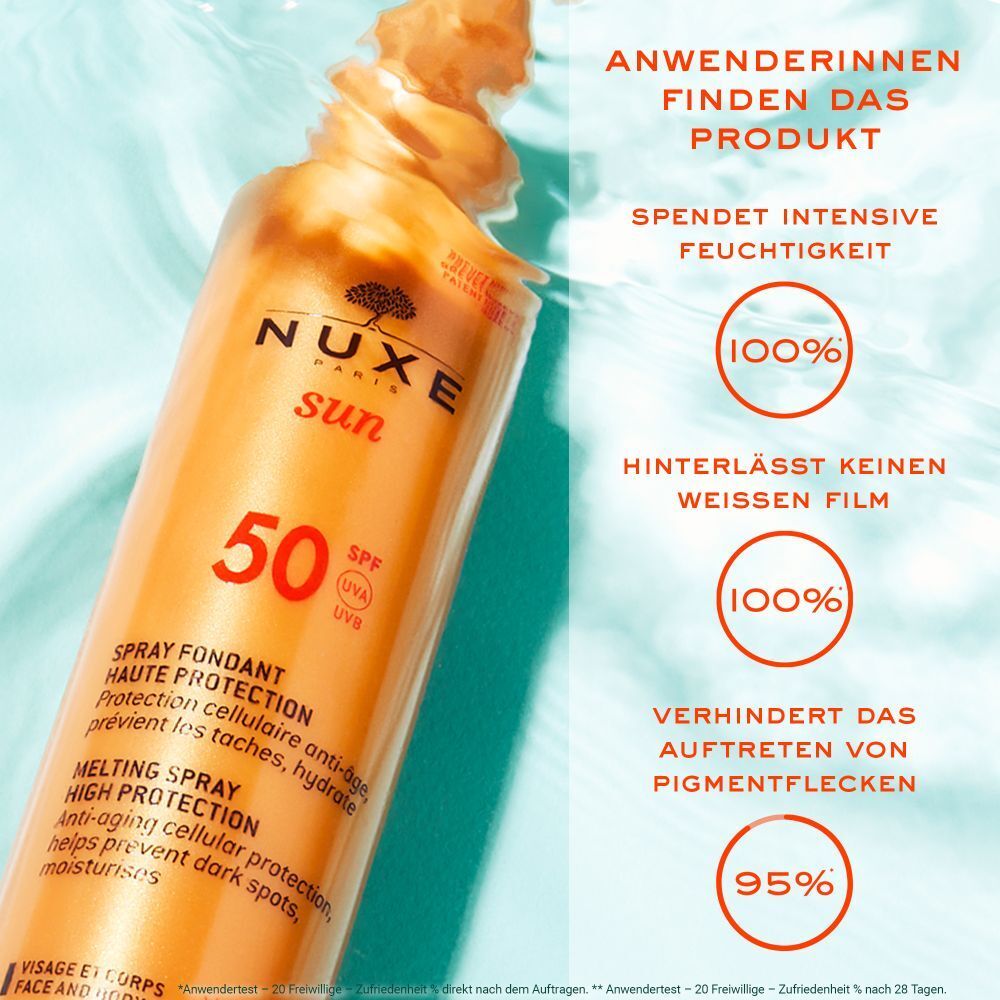 Spray solaire NUXE Sun LSF 50 dans l'eau. Texte: Spray Fondant Haute Protection. Pourcentages d'hydratation et taches.