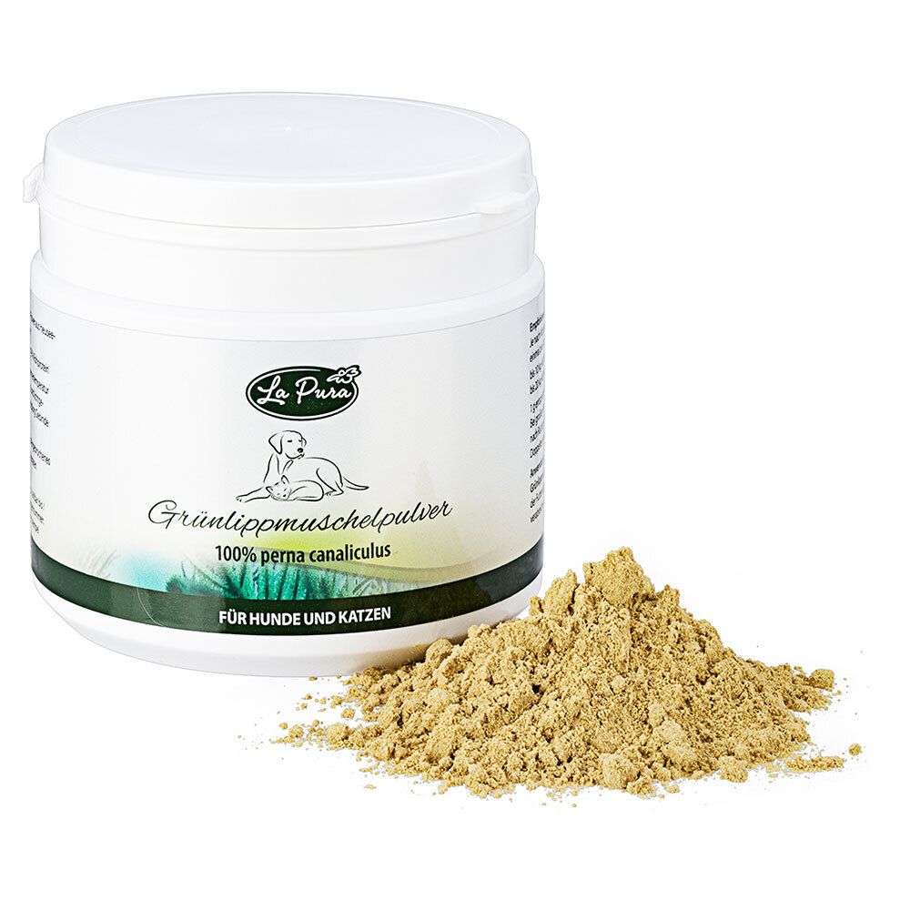 Weiße Dose mit grünem Etikett und Pulver daneben. Aufschrift: La Pura, Grünlippmuschelpulver, für Hunde und Katzen.