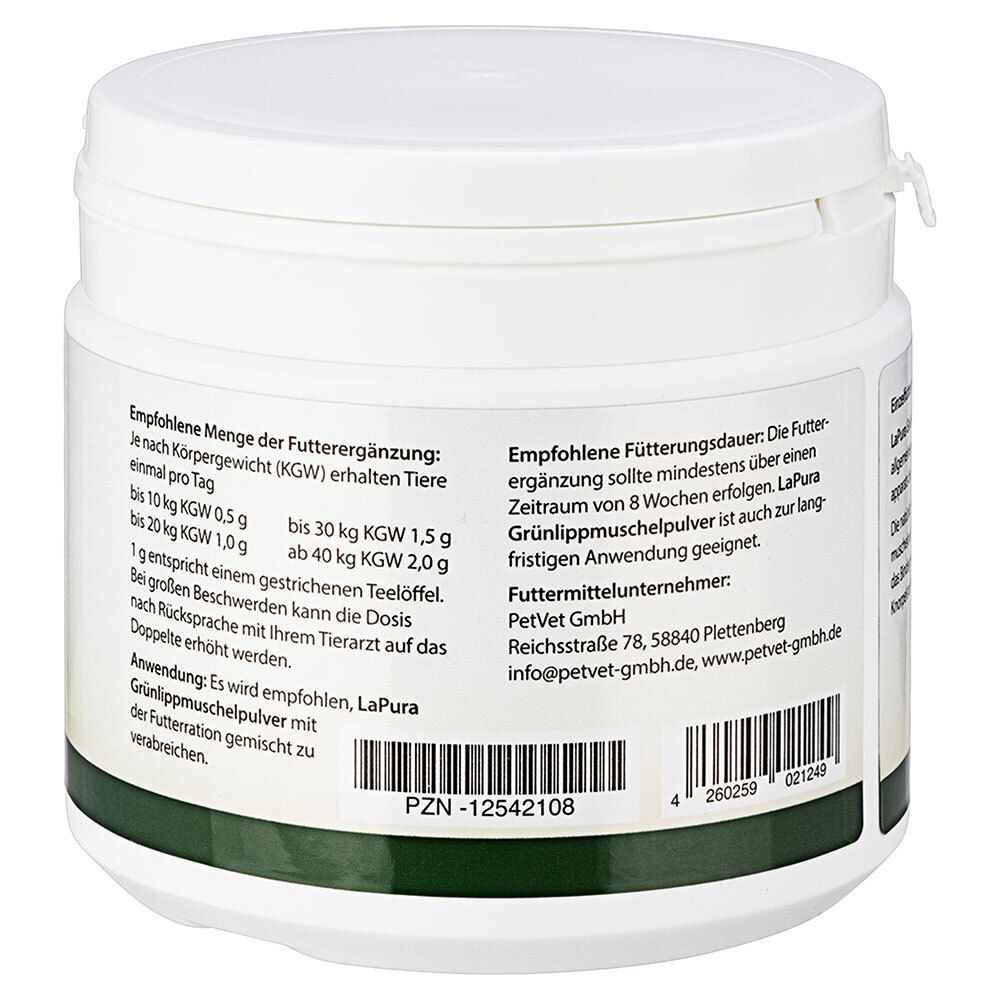 Rückseite der weißen Dose. Text über Fütterungsempfehlung. PZN-12542108.