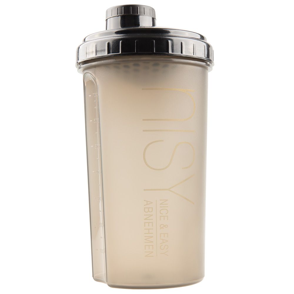 Shaker avec bouchon rotatif et tamis. Gobelet beige-transparent avec couvercle noir. Inscription: NISY, Nice & Easy, Abnehmen.