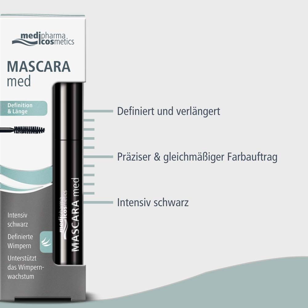 Tube de mascara dans son emballage. Inscription : medipharma cosmetics, Mascara med. Texte : Définit et allonge.