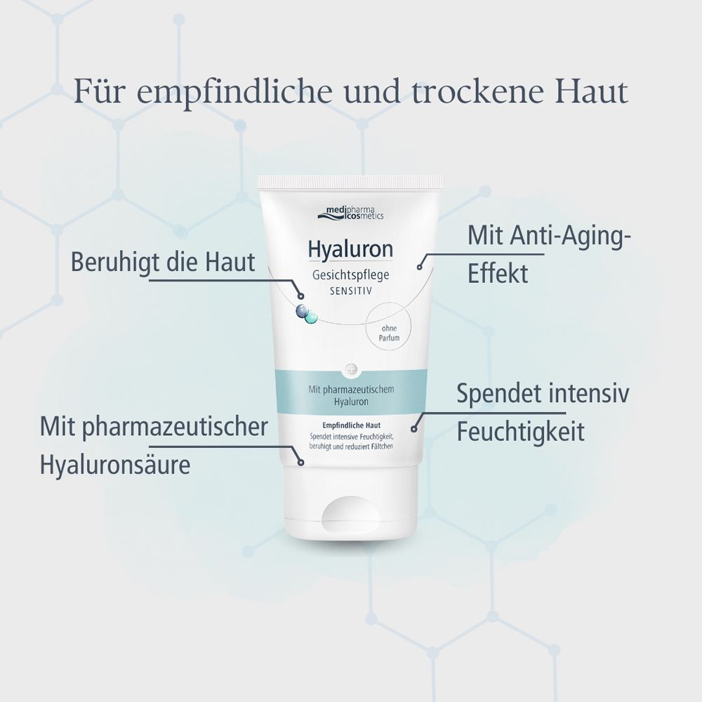 Tube blanc avec nom et logo du produit. Texte : Hyaluron Gesichtspflege Sensitive. Sans parfum. Avec hyaluron pharmaceutique. Diagramme avec texte.