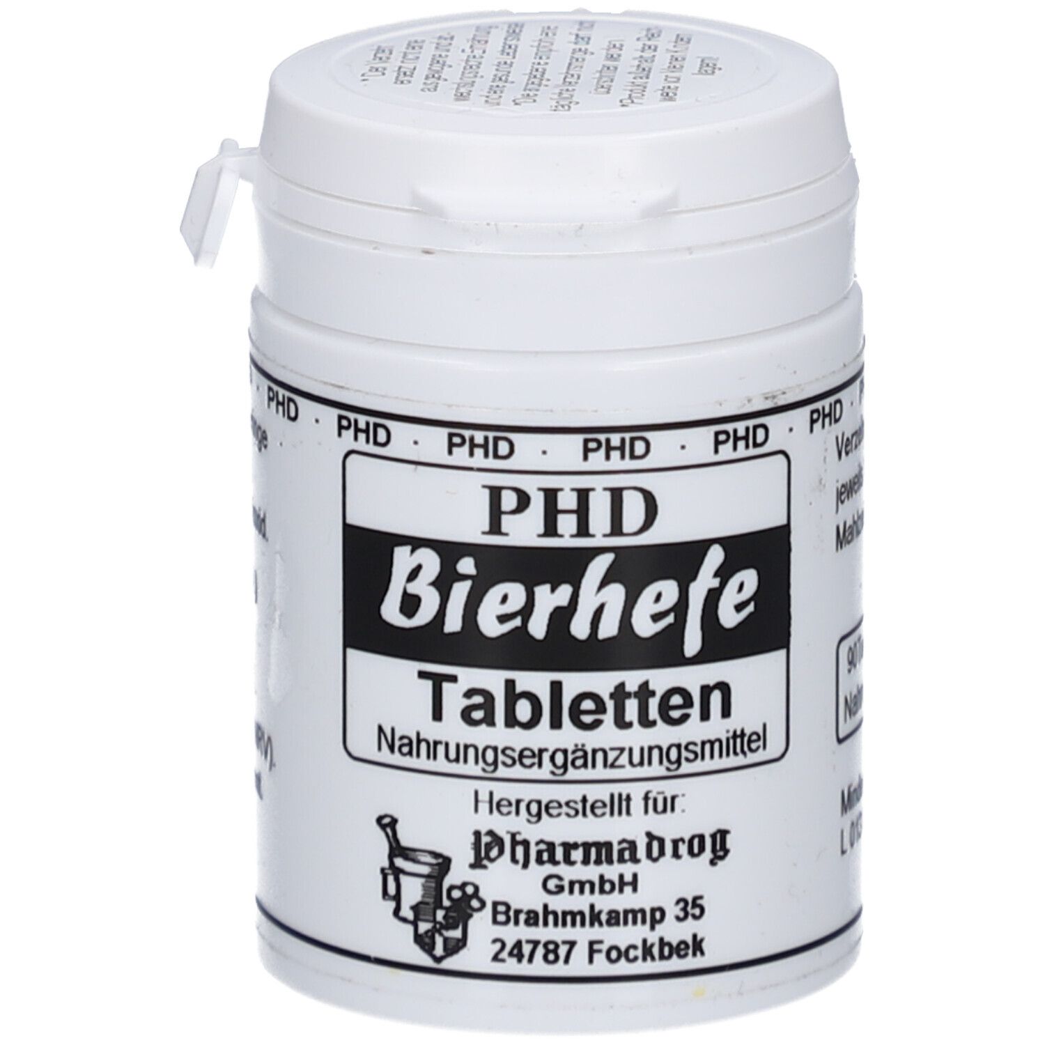 Boîte blanche avec étiquette noire. Inscription: PHD Bierhefe Tabletten. Complément alimentaire. Fabricant: Pharmadrog.