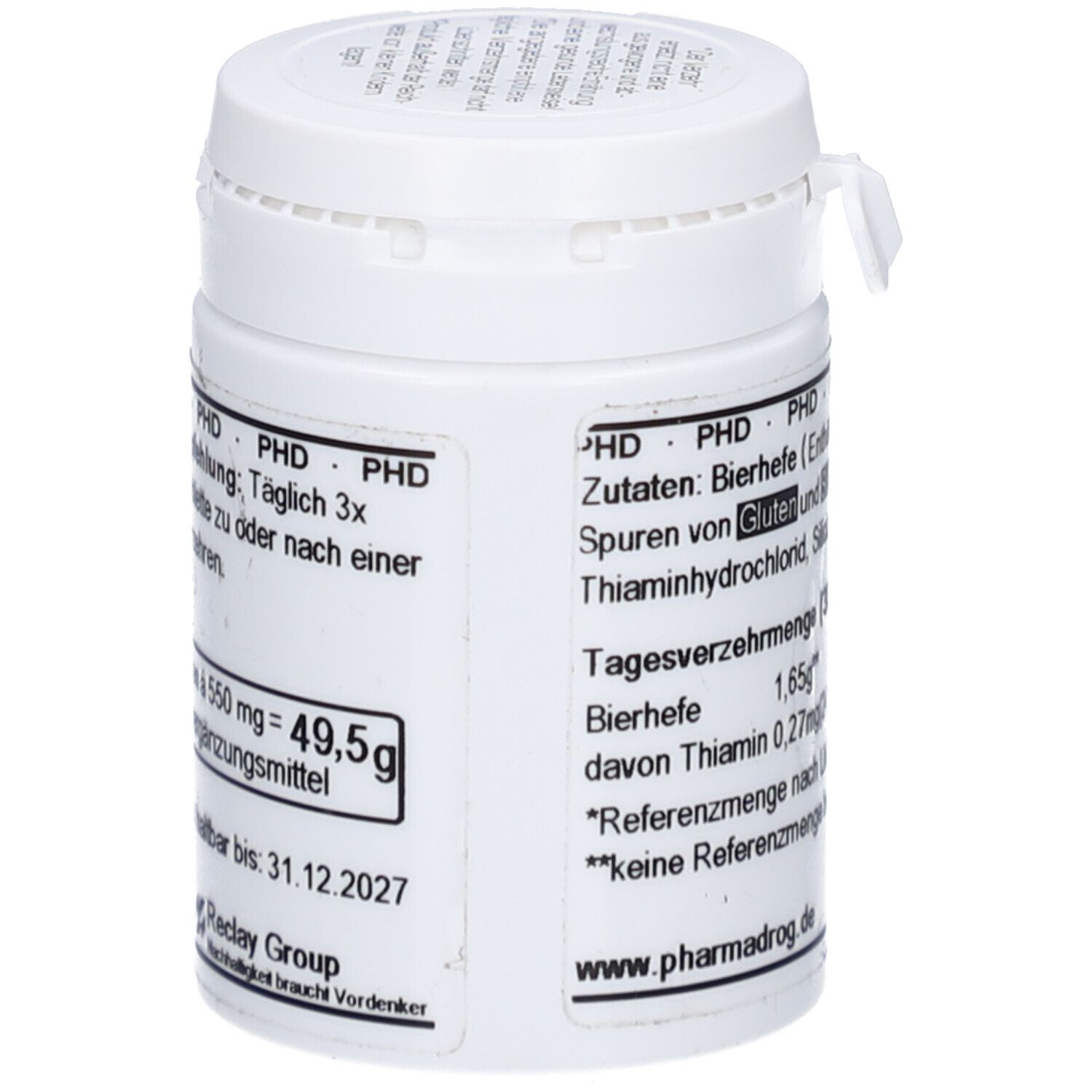 Boîte blanche avec étiquette. Contenu: 49,5g. A consommer de préférence avant le 31.12.2027. Ingrédients: levure de bière. Contient gluten et sulfites. www.pharmadrog.de.