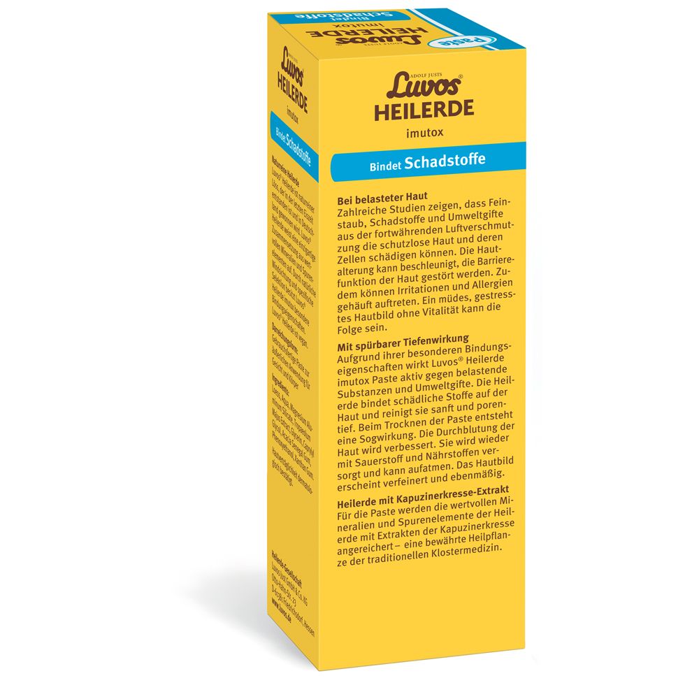 Boîte jaune, dos. Texte : Luvos Heilerde imutox, Lie les substances nocives. Description des ingrédients et de l'utilisation.