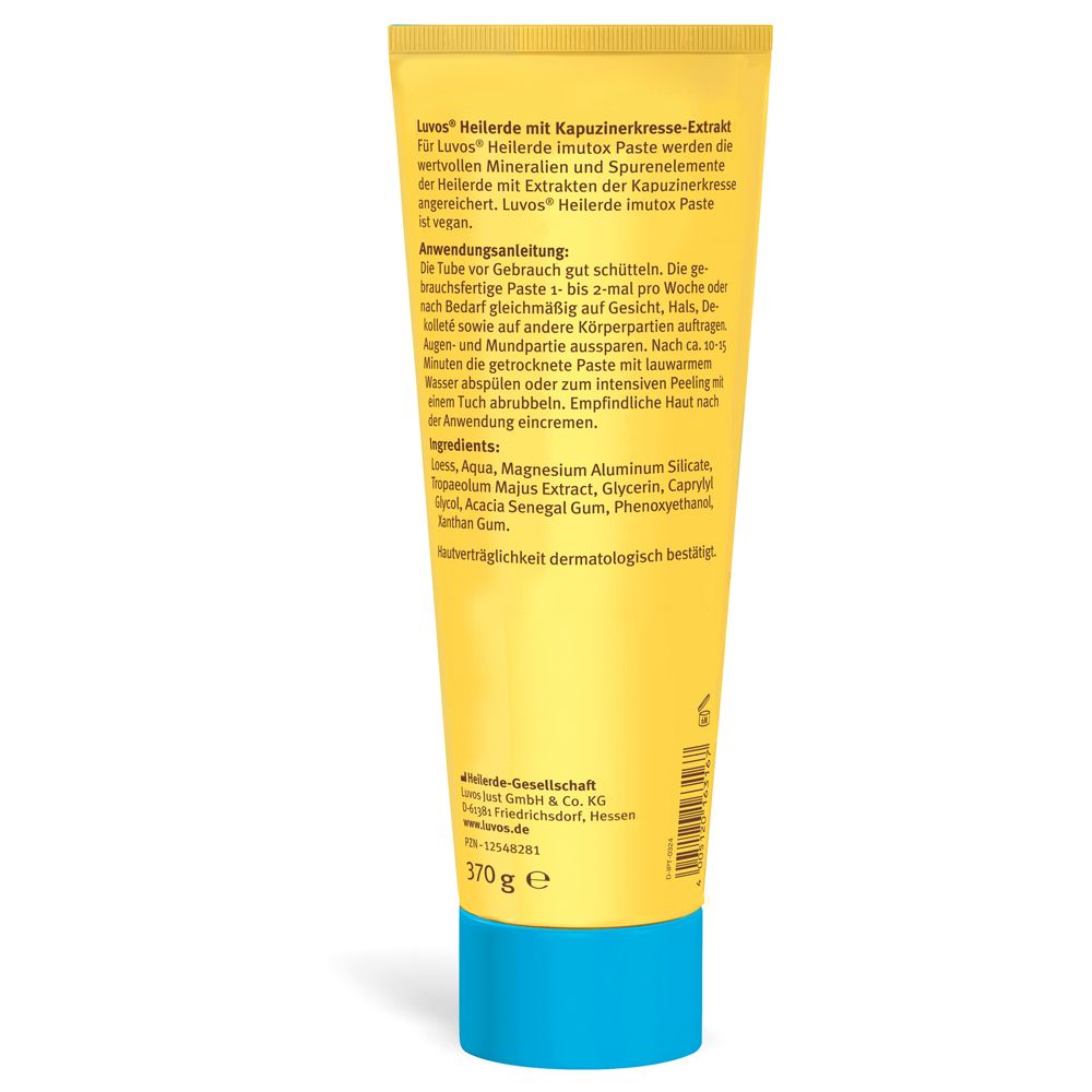 Tube jaune, dos. Texte : Luvos Heilerde imutox, ingrédients, instructions d'utilisation. Testé dermatologiquement.