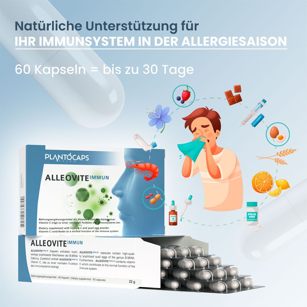 Packung mit 60 Kapseln, schräg von vorne, mit Textinformationen auf Deutsch und Englisch.
