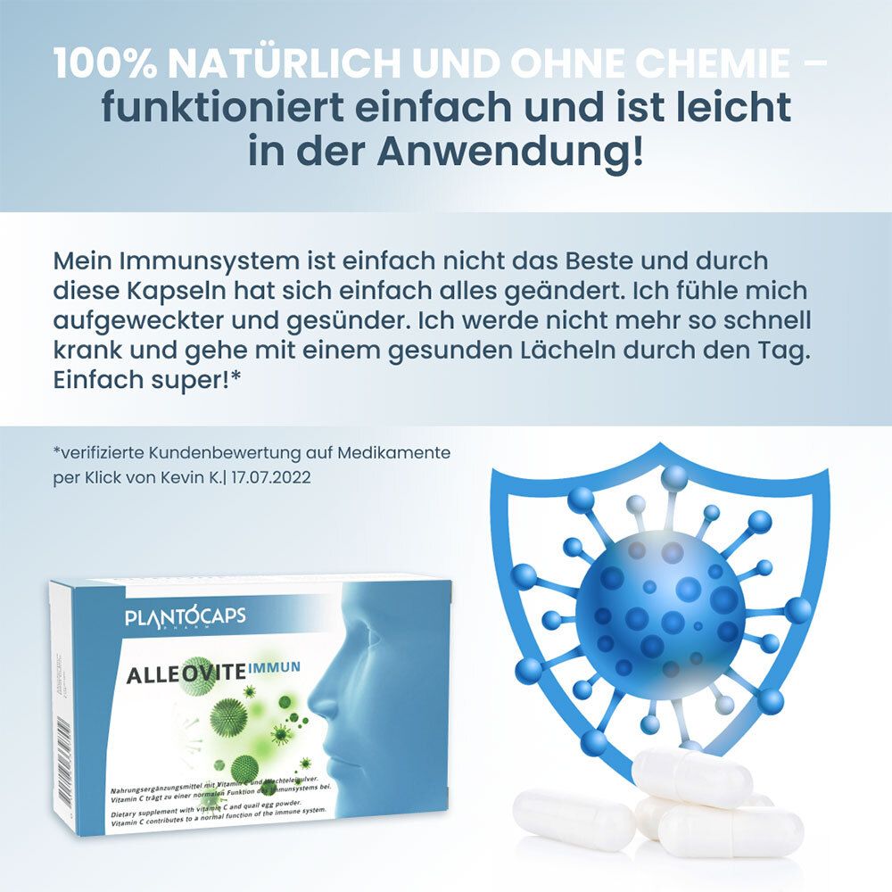 Packung mit 60 Kapseln, Vorderseite mit Profil eines weiblichen Kopfes und grünen Viren.