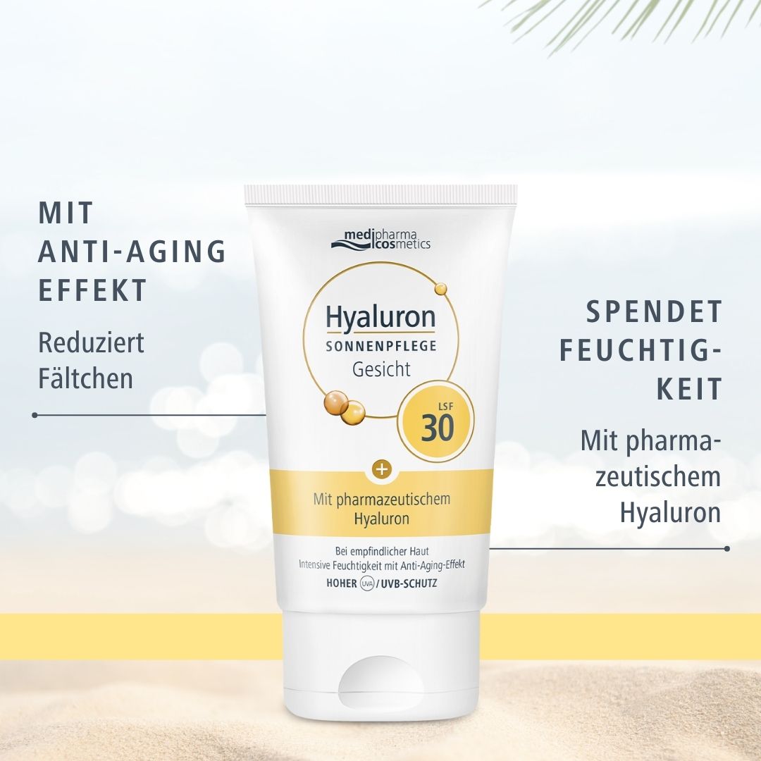 Tube blanche avec accents jaunes. Inscription: Hyaluron Sonnenpflege Gesicht LSF 30. Marque: medipharma cosmetics. Texte: Anti-âge.