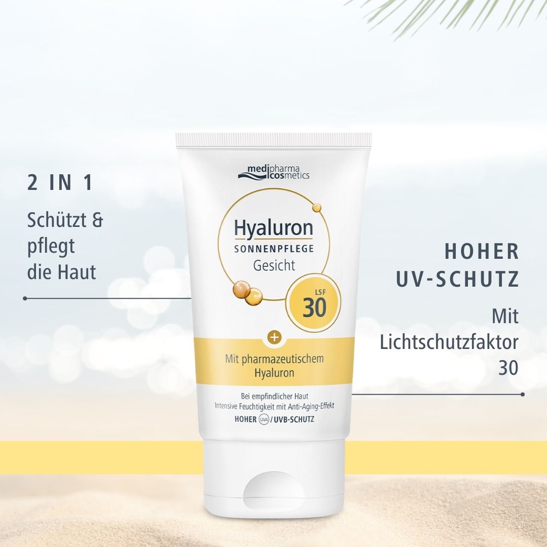 Tube blanche avec accents jaunes. Inscription: Hyaluron Sonnenpflege Gesicht LSF 30. Marque: medipharma cosmetics. Texte: Protection UV.