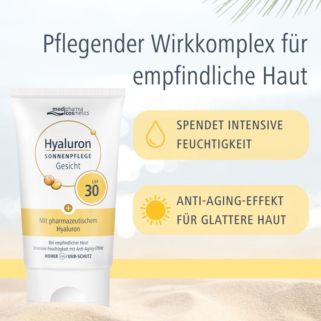 Tube blanche avec accents jaunes. Inscription: Hyaluron Sonnenpflege Gesicht LSF 30. Marque: medipharma cosmetics. Texte: Hydratation.