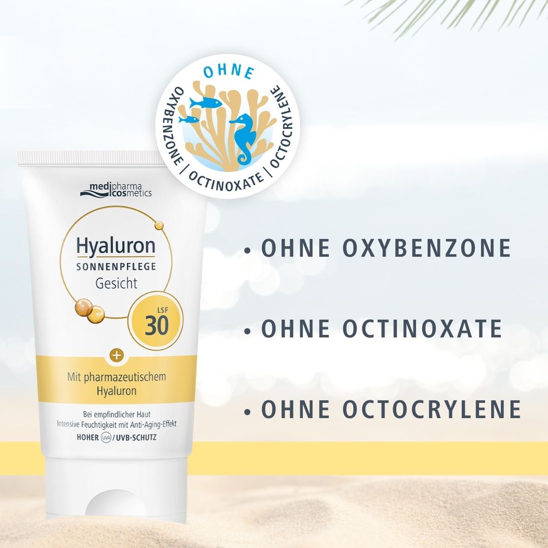 Tube blanche avec accents jaunes. Inscription: Hyaluron Sonnenpflege Gesicht LSF 30. Marque: medipharma cosmetics. Sans Oxybenzone.
