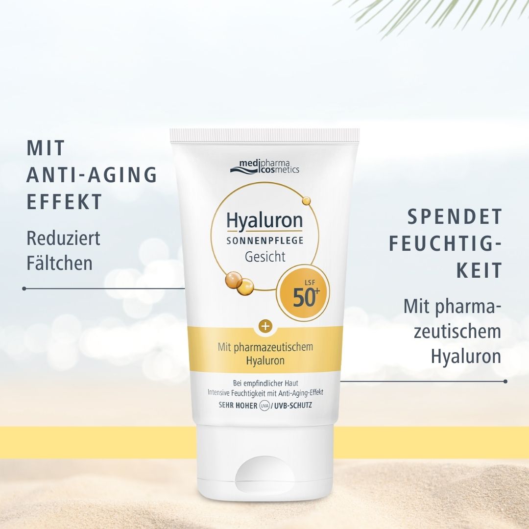 Tube: Hyaluron Sonnenpflege Gesicht LSF 50+. Text: Anti-Aging-Effekt, spendet Feuchtigkeit. Marke: medipharma cosmetics.