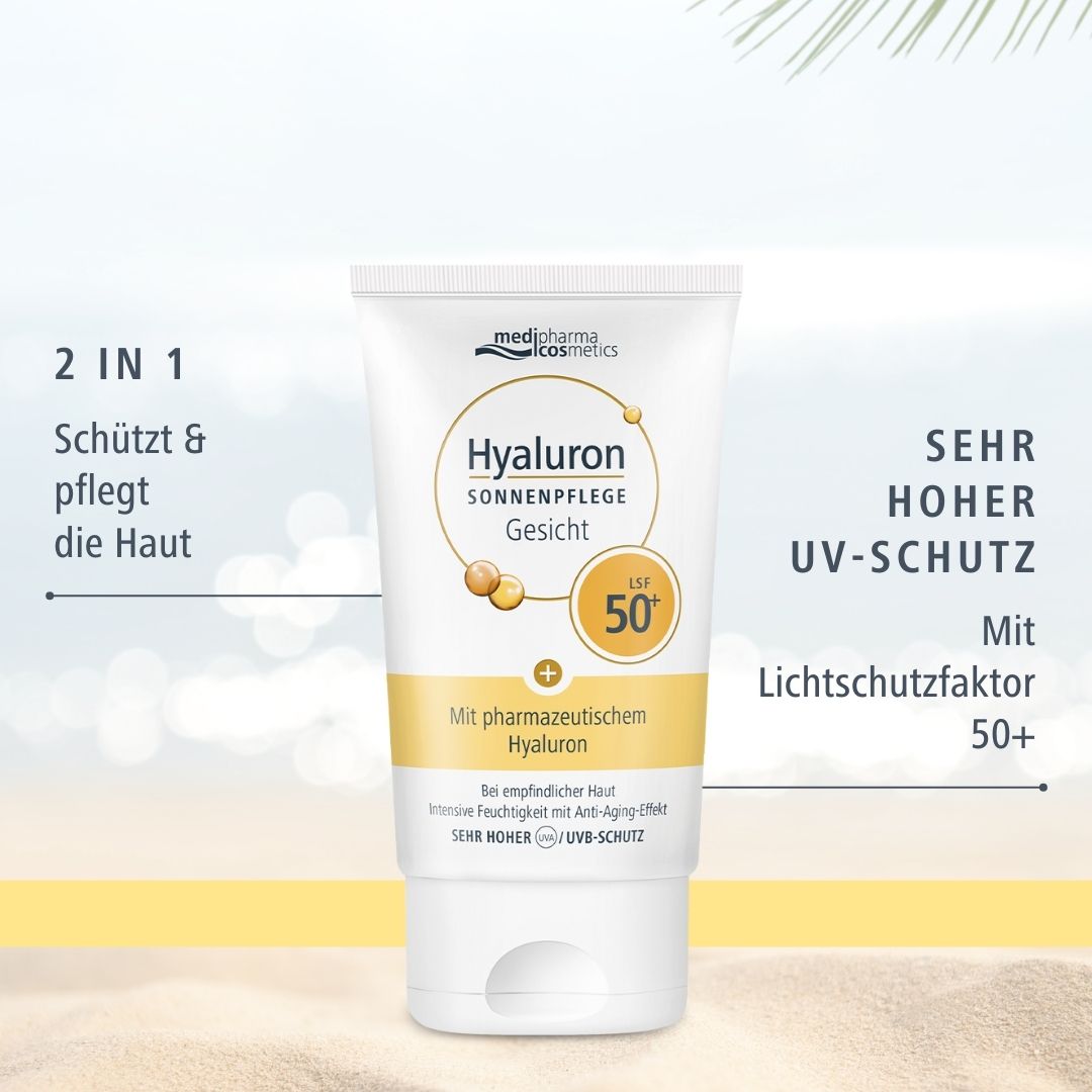 Tube: Hyaluron Sonnenpflege Gesicht LSF 50+. Text: 2 in 1, sehr hoher UV-Schutz. Marke: medipharma cosmetics.