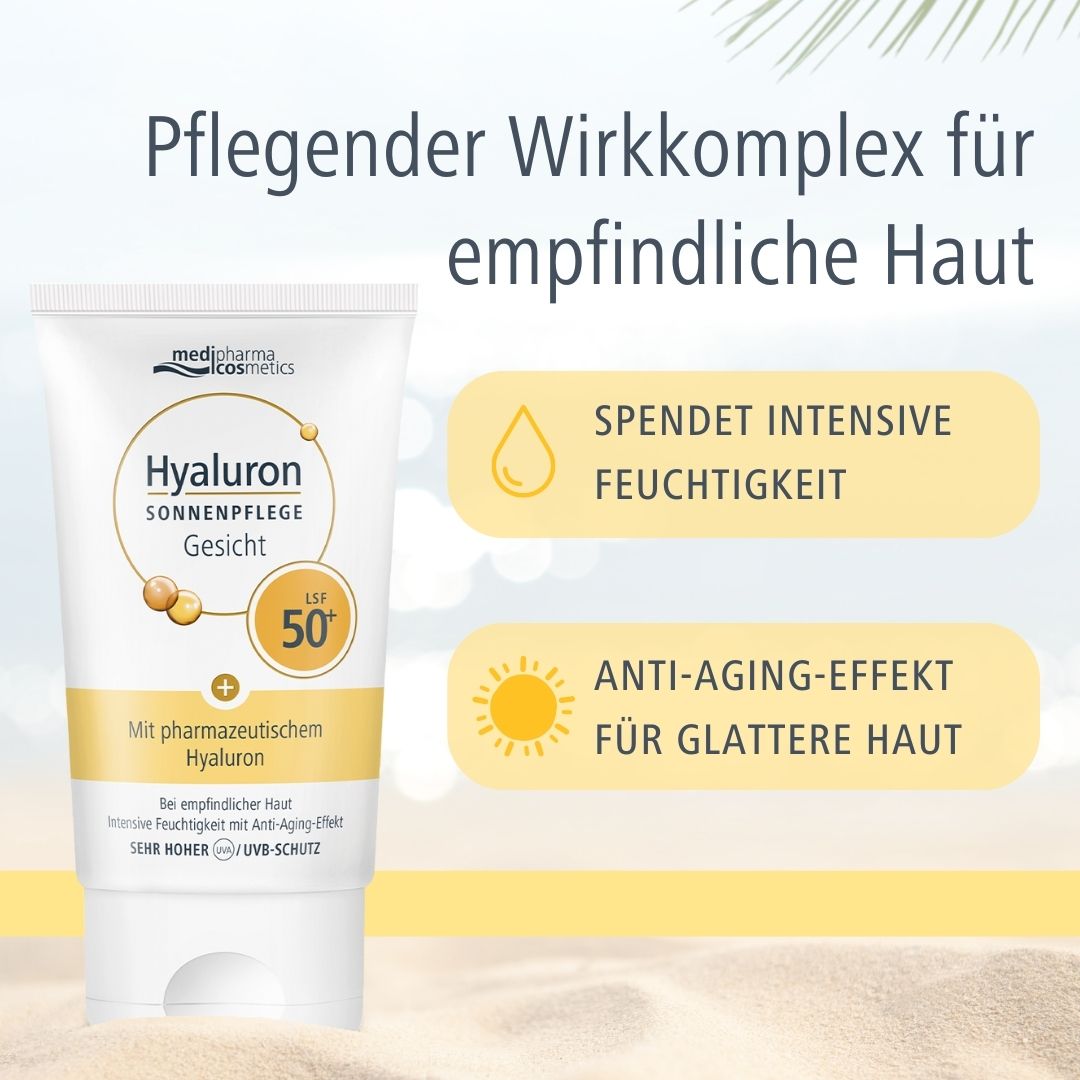 Tube: Hyaluron Sonnenpflege Gesicht LSF 50+. Text: Pflegender Wirkkomplex, spendet Feuchtigkeit, Anti-Aging-Effekt. Marke: medipharma cosmetics.