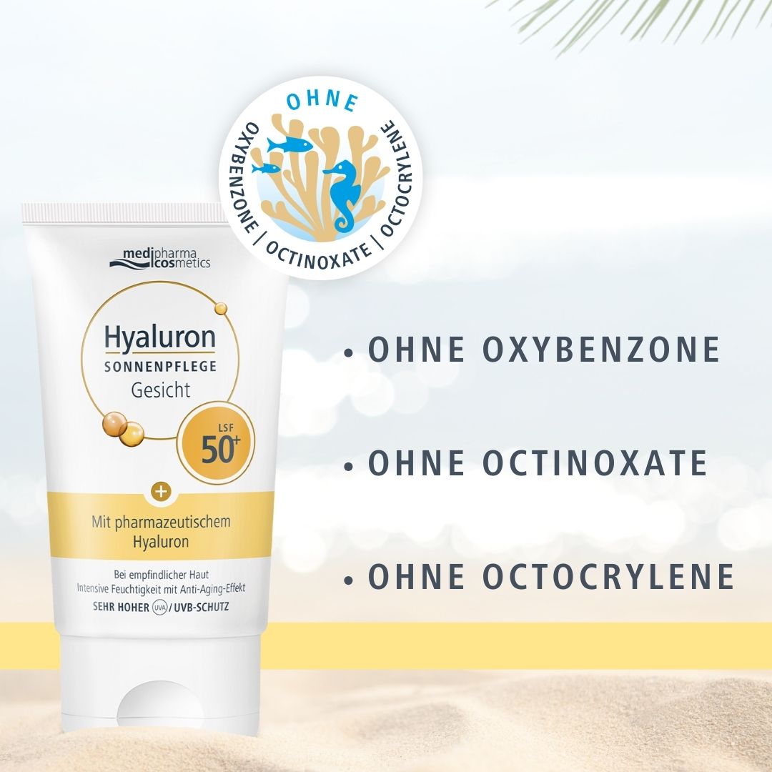 Tube: Hyaluron Sonnenpflege Gesicht LSF 50+. Text: Ohne Oxybenzone, Octinoxate, Octocrylene. Marke: medipharma cosmetics.
