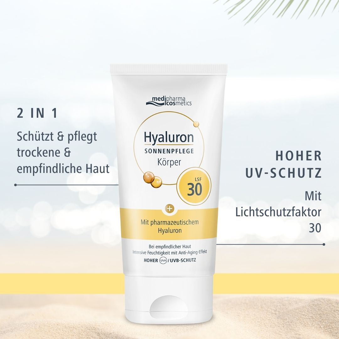 Tube mit Sonnenpflege. Aufschrift: Hyaluron Sonnenpflege Körper LSF 30. Marke: medipharma cosmetics. 2 in 1.