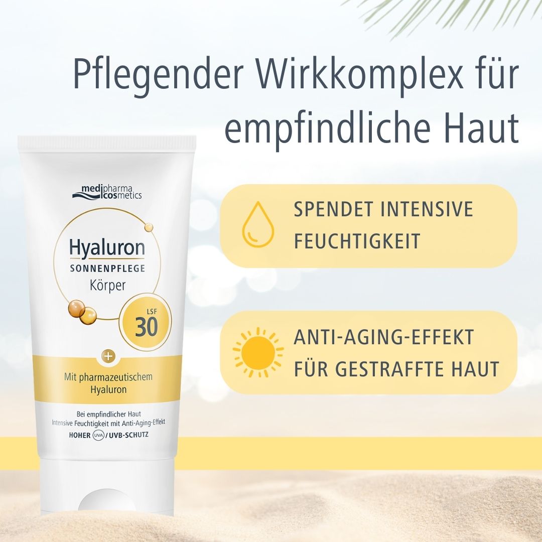 Tube mit Sonnenpflege. Aufschrift: Hyaluron Sonnenpflege Körper LSF 30. Marke: medipharma cosmetics. Eigenschaften.