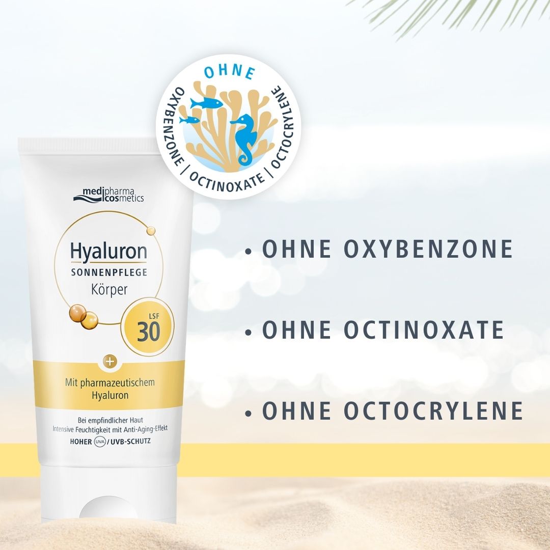 Tube mit Sonnenpflege. Aufschrift: Hyaluron Sonnenpflege Körper LSF 30. Marke: medipharma cosmetics. Ohne Oxybenzone etc.