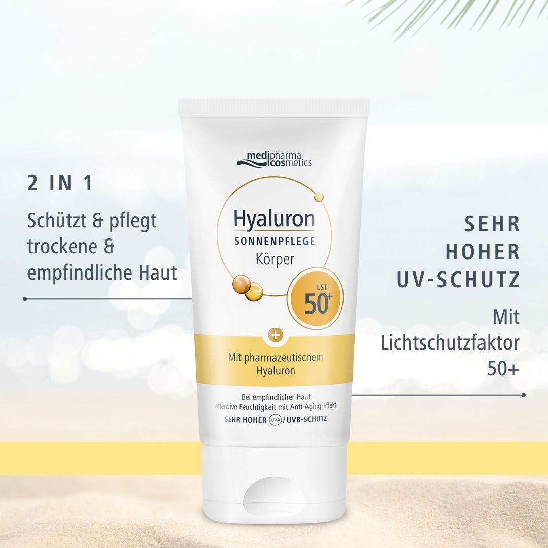 Produit de protection solaire en tube. Texte : Hyaluron Sonnenpflege Körper LSF 50+. Marque : medipharma cosmetics. 2 en 1 protection & soin.