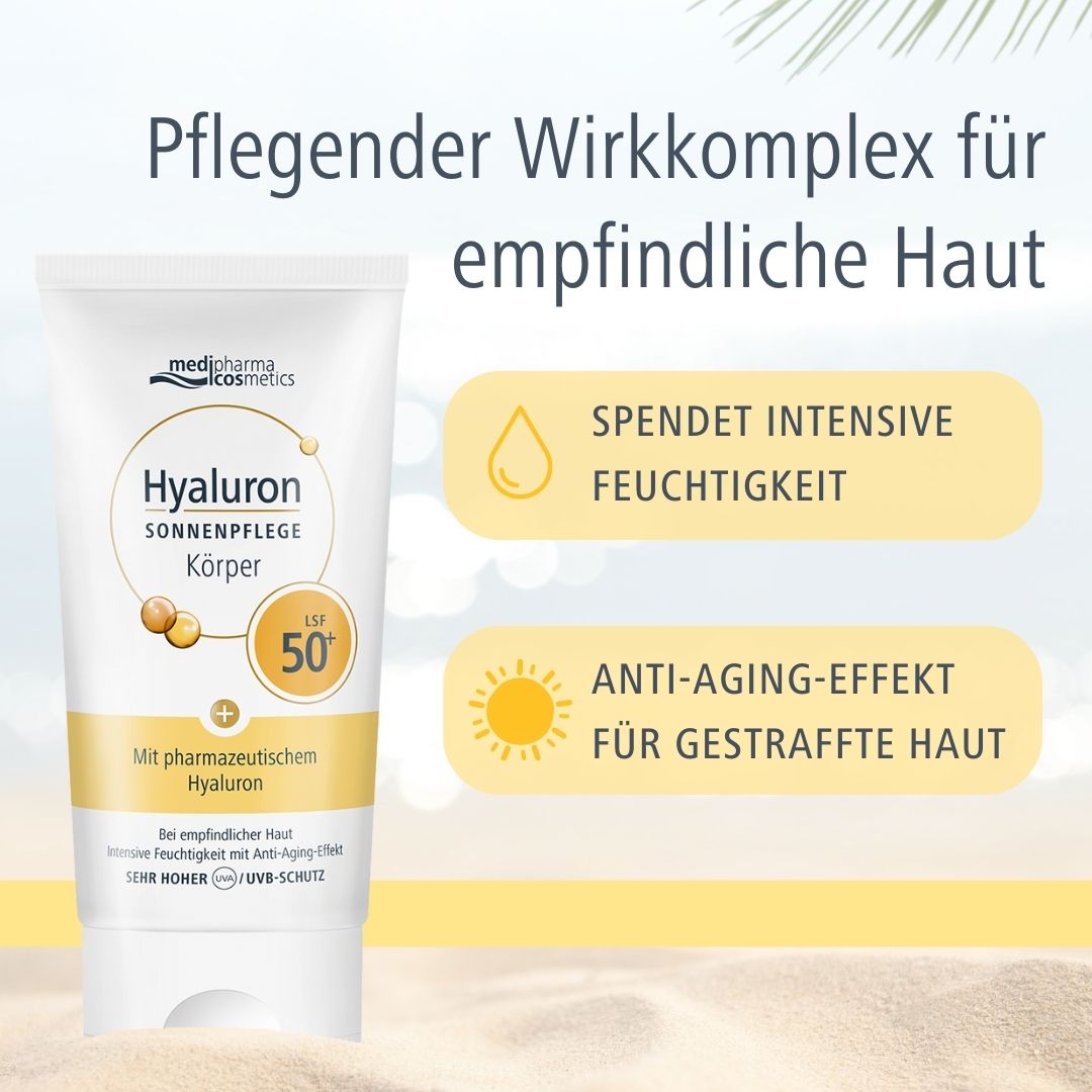 Produit de protection solaire en tube. Texte : Hyaluron Sonnenpflege Körper LSF 50+. Marque : medipharma cosmetics. Hydrate, anti-âge.