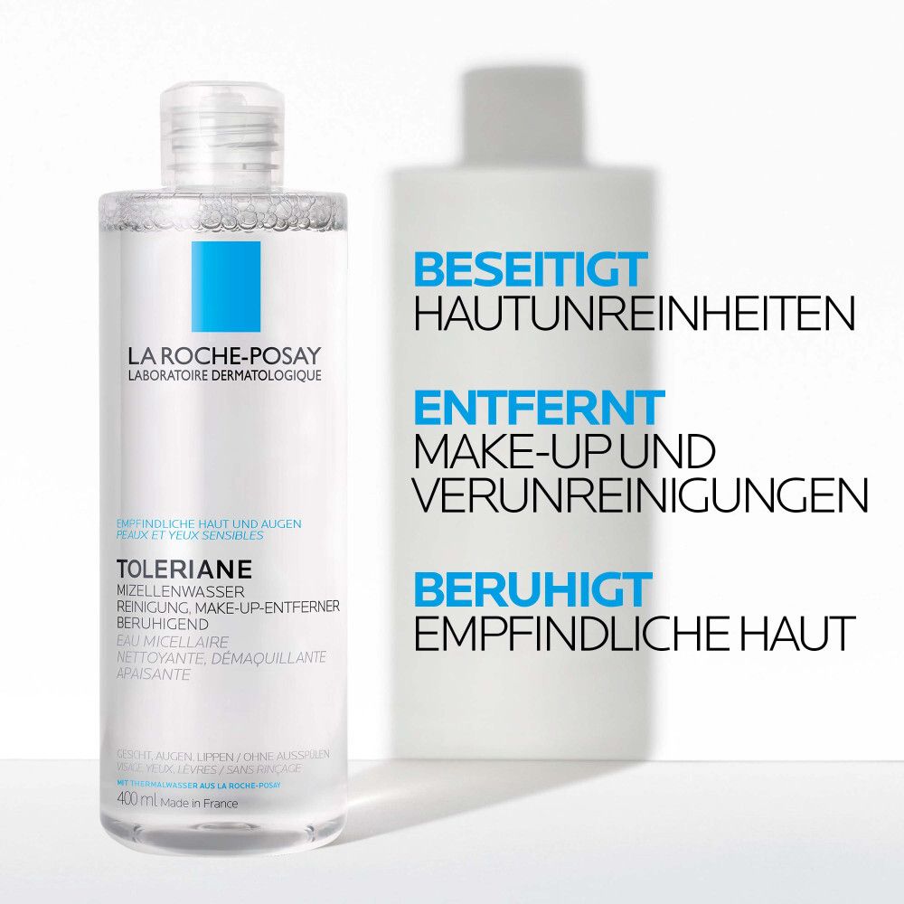 La Roche-Posay Toleriane Mizellenwasser. Flasche und Text: Beseitigt Hautunreinheiten, entfernt Make-up, beruhigt empfindliche Haut.