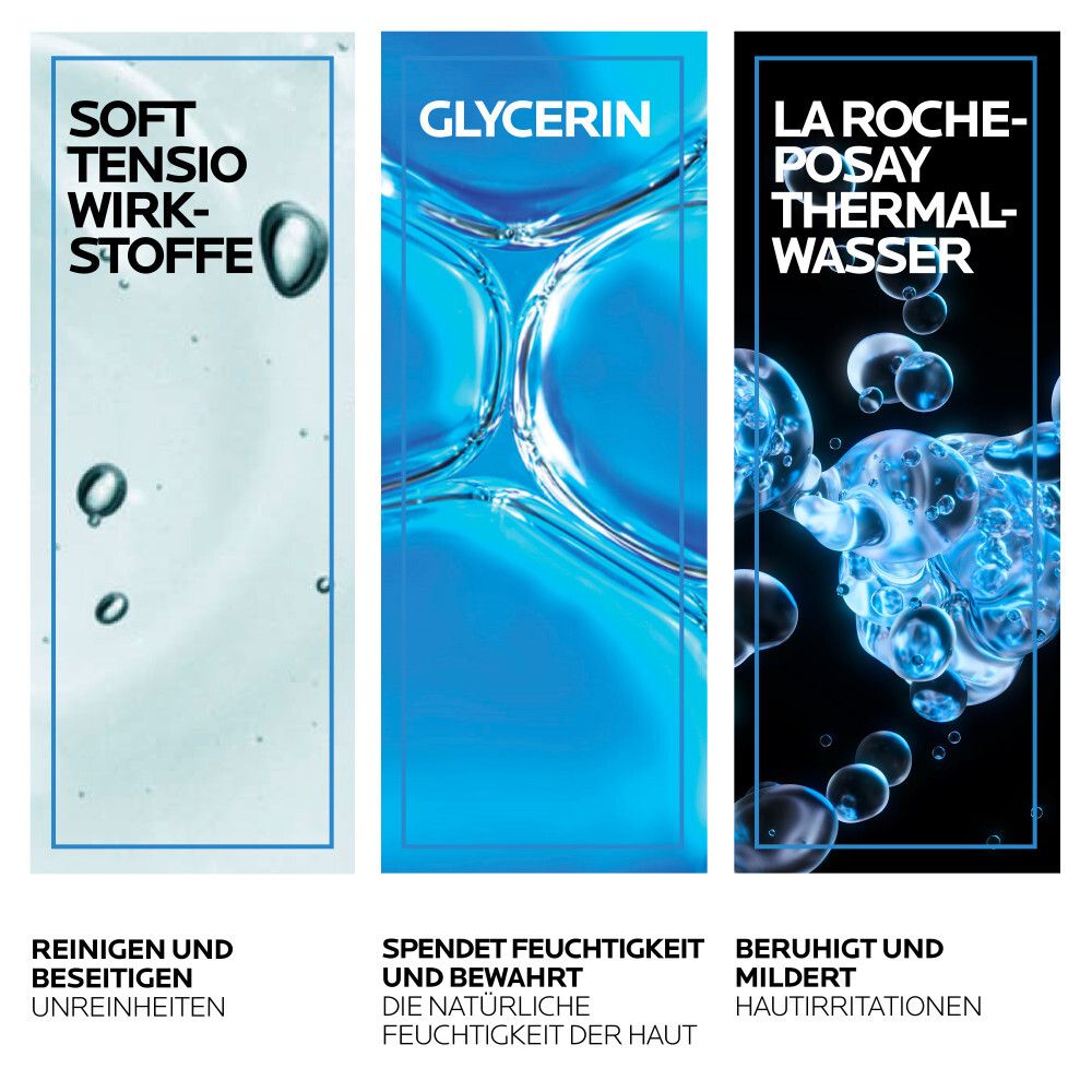 Drei blaue Grafiken: Soft Tensio Wirkstoffe, Glycerin, La Roche-Posay Thermalwasser. Texte: Reinigen, befeuchten, beruhigen.