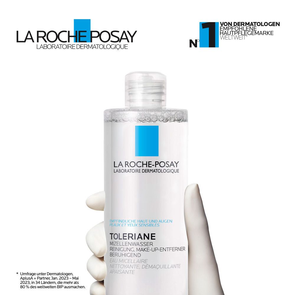 La Roche-Posay Logo und Toleriane Mizellenwasser. Flasche mit Produktnamen und Text: Von Dermatologen empfohlen.