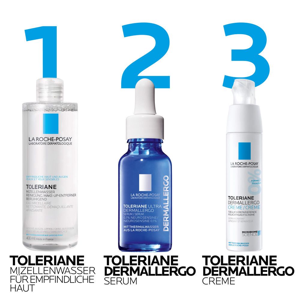 Drei Produkte: Toleriane Mizellenwasser, Serum, Creme. Alle mit La Roche-Posay Logo und Produktnamen.