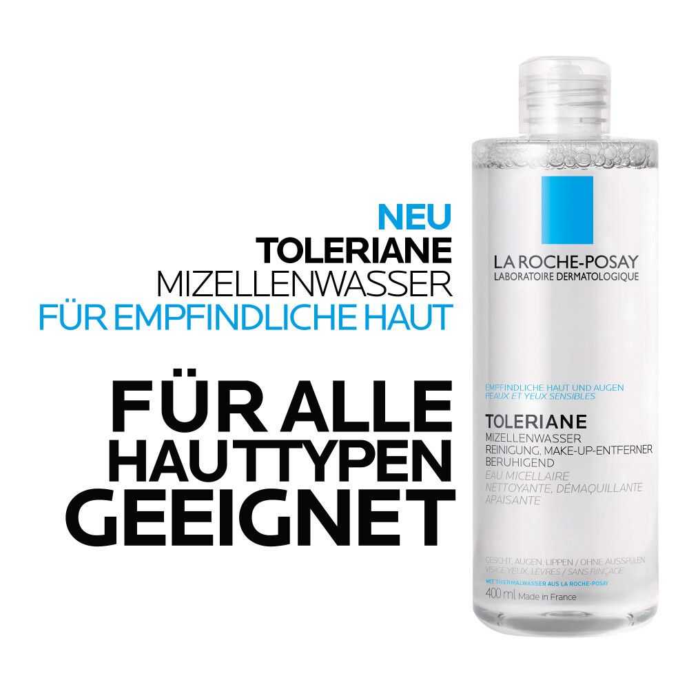 La Roche-Posay Toleriane Mizellenwasser. Flasche mit Produktnamen. Text: Für alle Hauttypen geeignet.