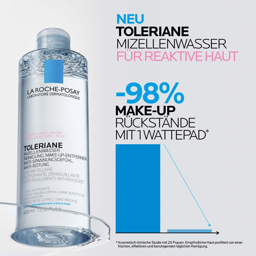 La Roche-Posay eau micellaire pour peaux réactives. Graphique avec -98% de résidus de maquillage avec un coton.