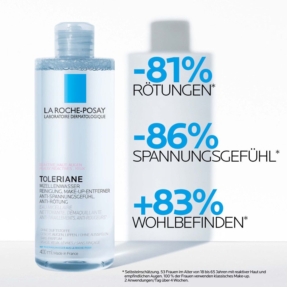 La Roche-Posay eau micellaire. Graphique avec -81% rougeurs, -86% tiraillements et +83% bien-être.