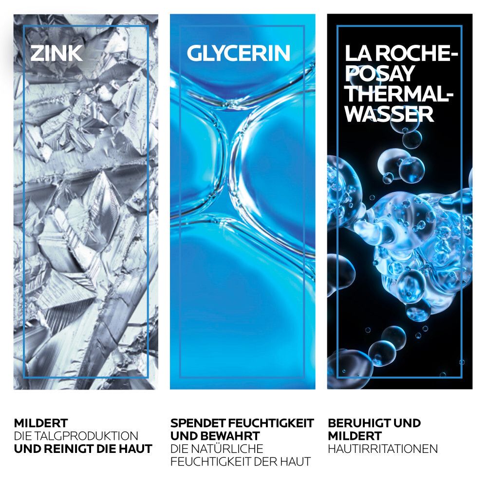 Trois graphiques: Zinc, Glycérine, Eau Thermale La Roche-Posay. Descriptions: adoucit, hydrate, apaise.