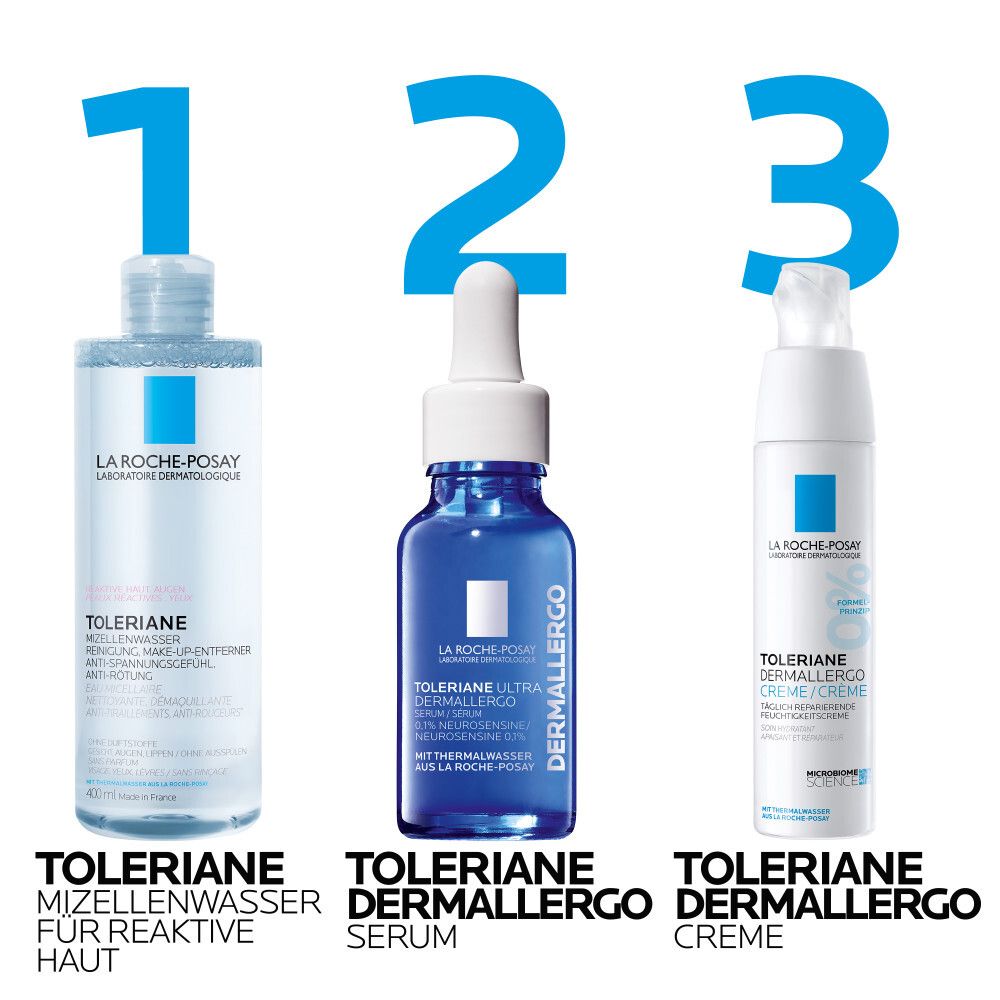 Trois produits: La Roche-Posay eau micellaire, sérum, crème. Tous avec le nom Toleriane.